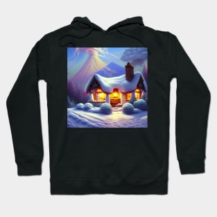 Magical Fantasy Cottage with Lights In A Snowy Scene, Scenery Nature Hoodie